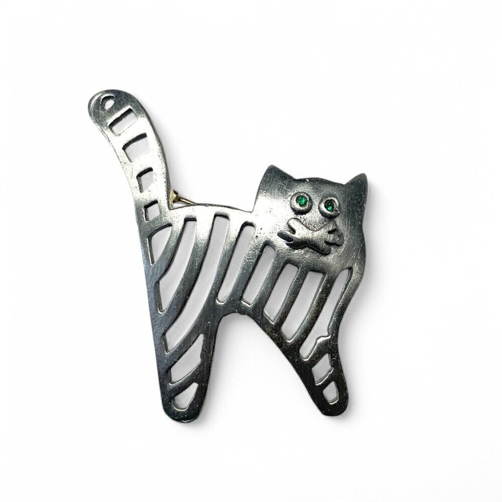 Vintage Pewter Ultra Craft Cat Brooch With Green Eyes And Abstract Cutout Design